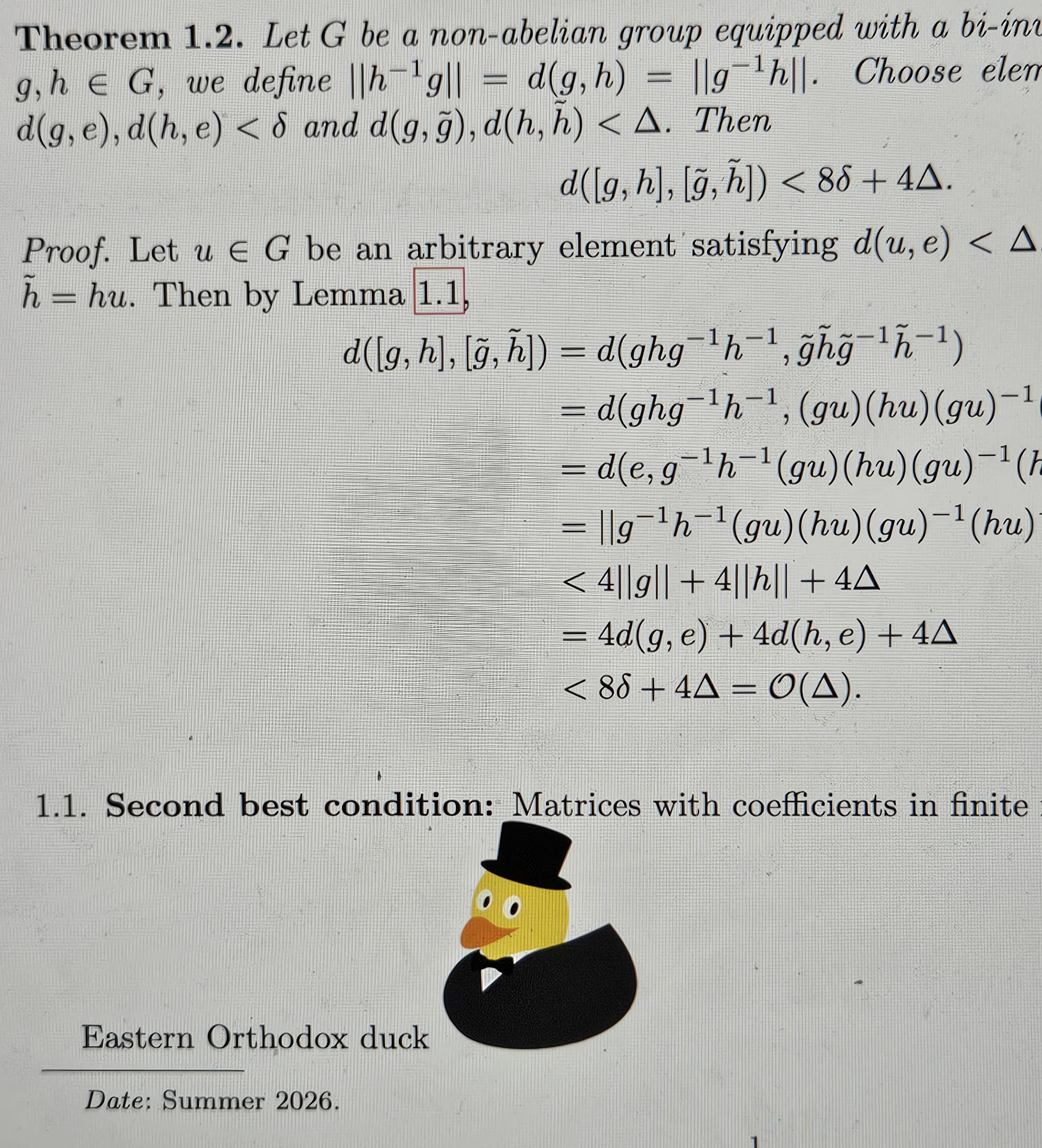 Group theory proof notes featuring an Eastern Orthodox duck illustration